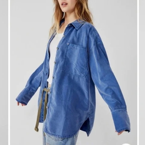 We The Free People Baby Cord Buttondown Shirt Electric Indigo Oversized Large - Picture 2 of 9